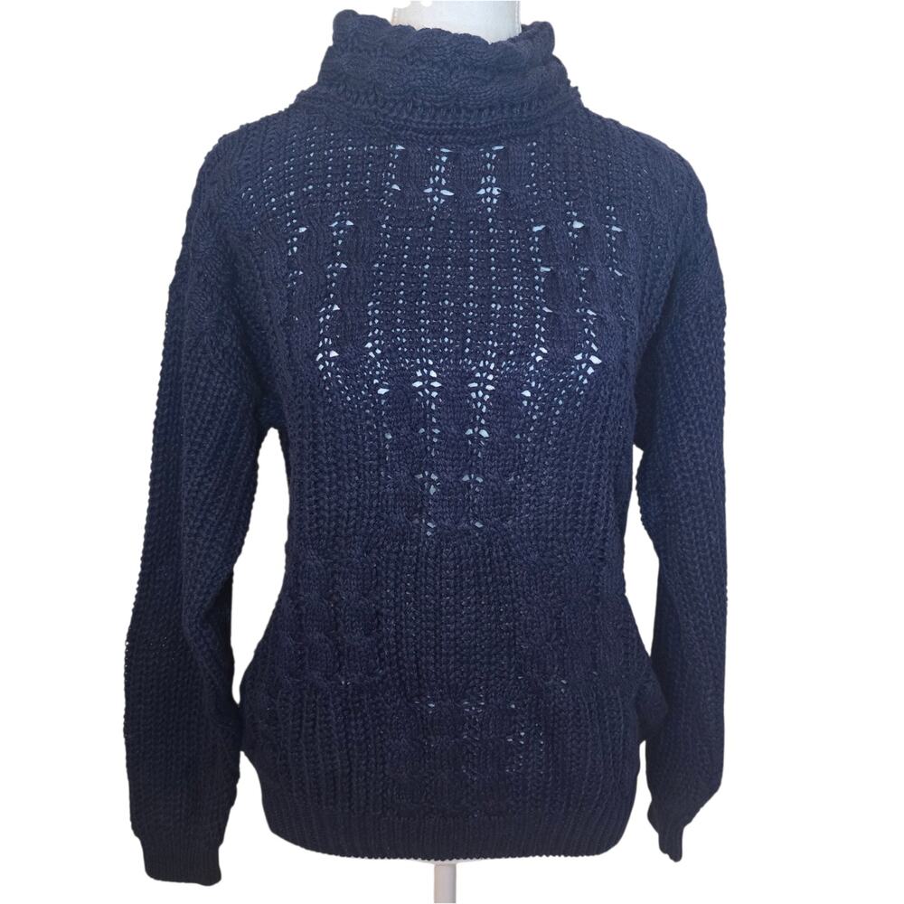 VTG Ashleigh Morgan Navy Cable Knit Sweater Womens Medium Turtleneck Coastal